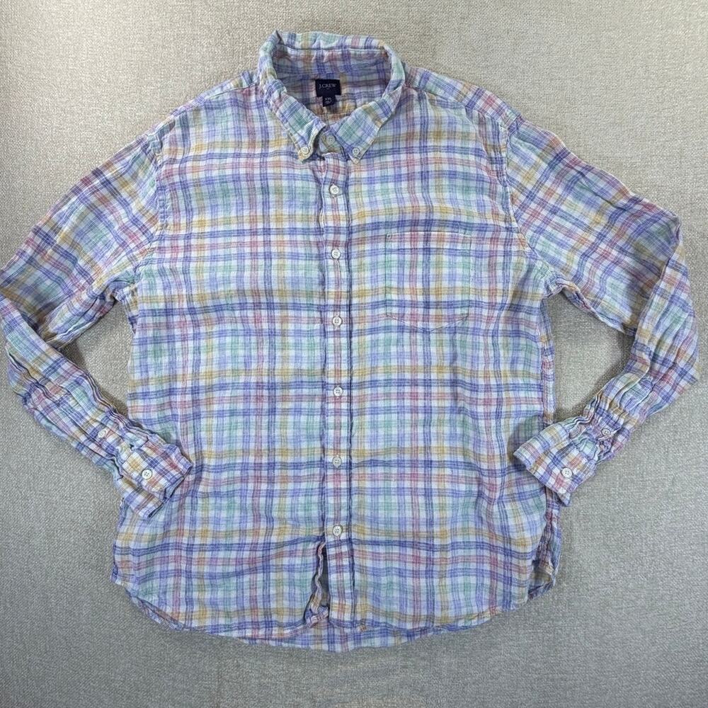J. Crew Men 2X Multicolor Linen Blend Long Sleeve Button Front Preppy  Shirt
